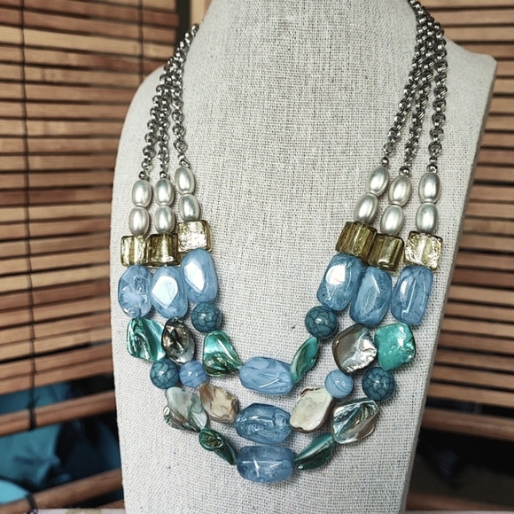 Triple Strand Shell Acrylic Glass Beaded Blue Green NY Brand  Necklace Beachcore - Picture 2 of 11